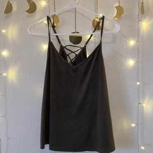 Olive green, polyester, flowy spaghetti strap. Size medium, from Socialite.